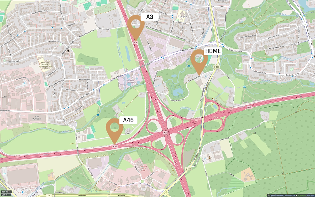 Kartenausschnitt von OpenStreetMaps zeigt die Lage der Unterkunft in Erkrath